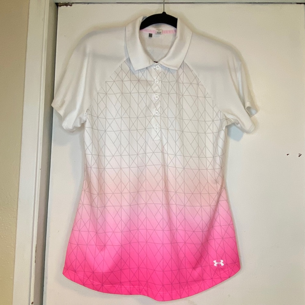 Under Armour Womens HeatGear Golf Polo Shirt Pink White Ombre Geometric M